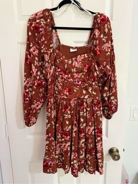 ARULA Rust Brown Floral Mini Dress with Pink & Cream Roses Size B